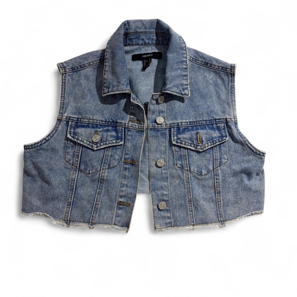 Forever 21 Womens Blue Denim Vest Cropped Frayed Hem Y2K Size S
